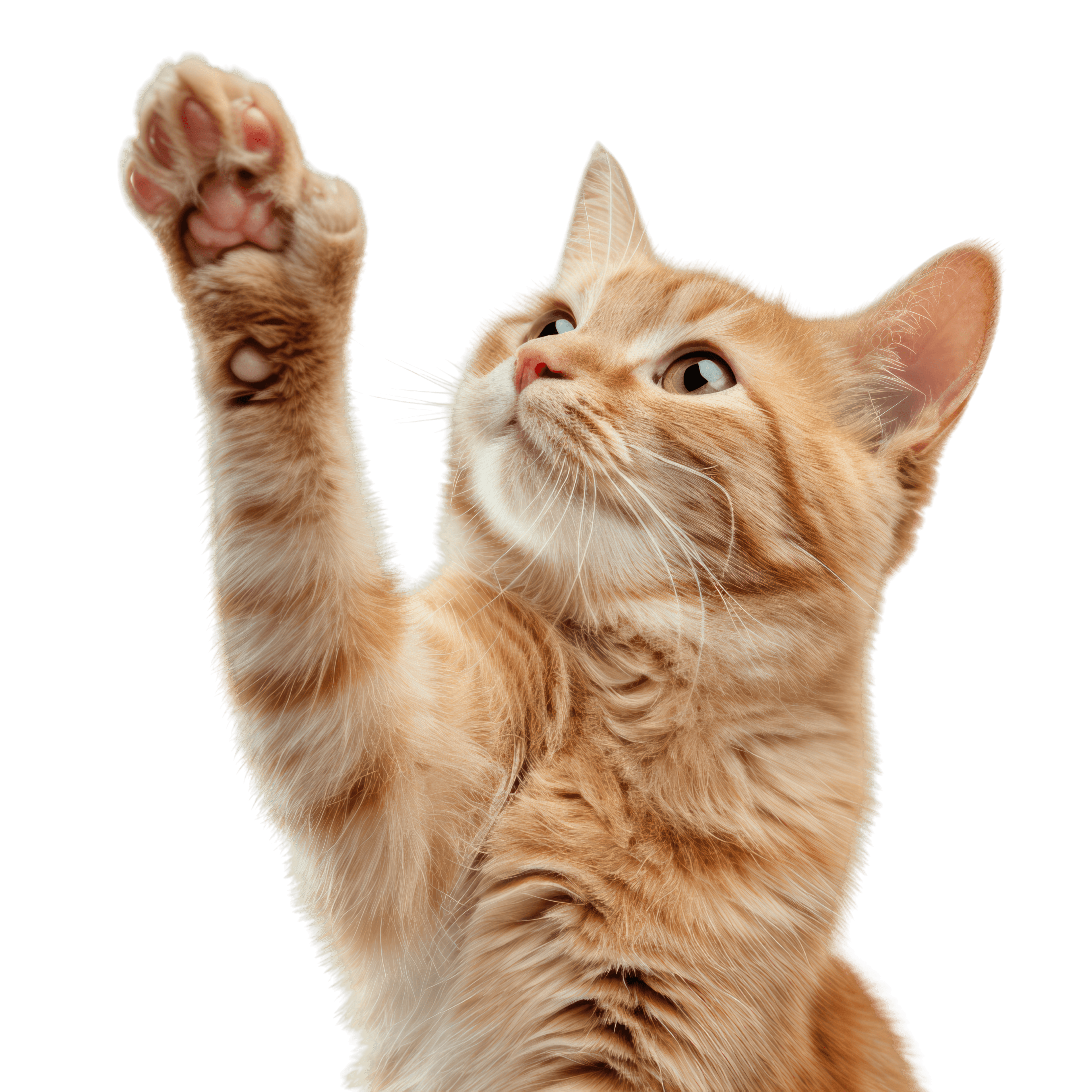Orange tabby cat reaching a paw upward.