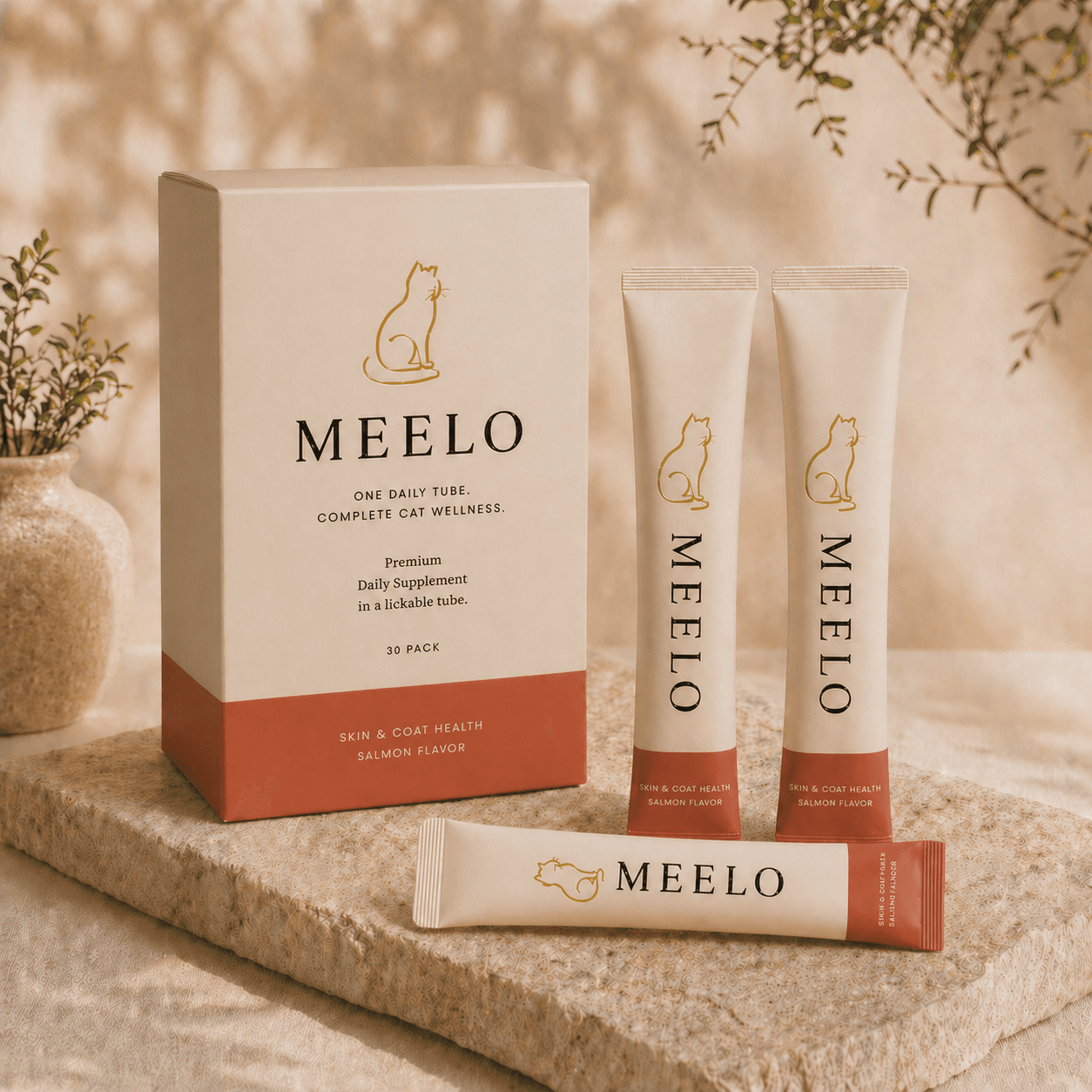 Meelo daily supplement box with three salmon-flavor lickable tubes on a stone plinth in soft natural light.